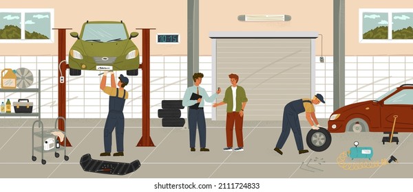 Car Repair Service And Auto Mechanic Garage. Cartoon Vector Posters Set. Man Fix Broken Car And Change Tires And Oil. Auto Tuning Workshop. Mechanic Talks To Customer