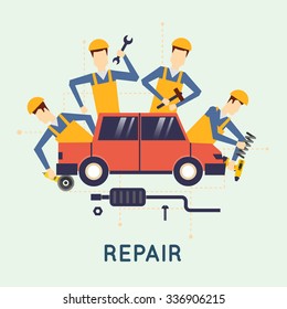 Car repair. Car service. Auto mechanic repair of machines and equipment. Car diagnostics. Vector illustration and flat design.