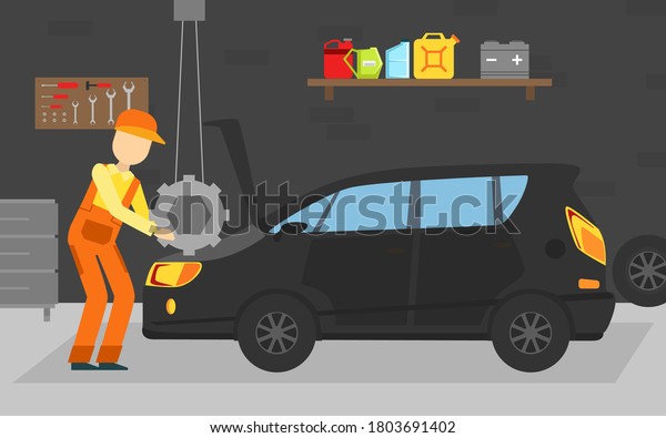 Car Repair Service, Auto Mechanic\
Character in Overalls Fixing Car Vector\
Illustration