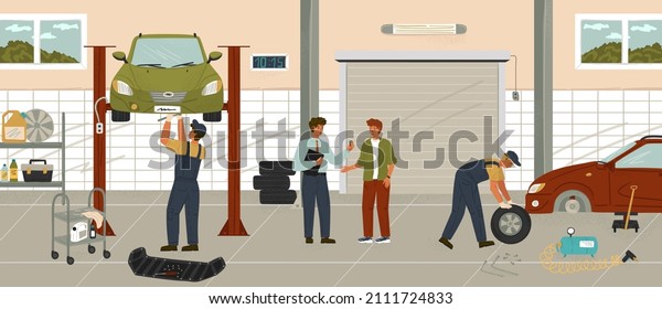 Car repair service\
and auto mechanic garage. Cartoon vector posters set. Man fix\
broken car and change tires and oil. Auto tuning workshop. Mechanic\
talks to customer