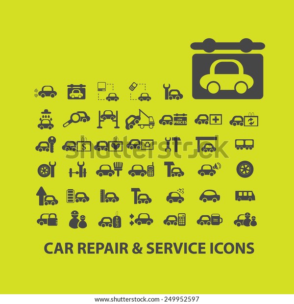 car repair, service, auto,\
mechanic icons, signs, illustrations on background set,\
vector