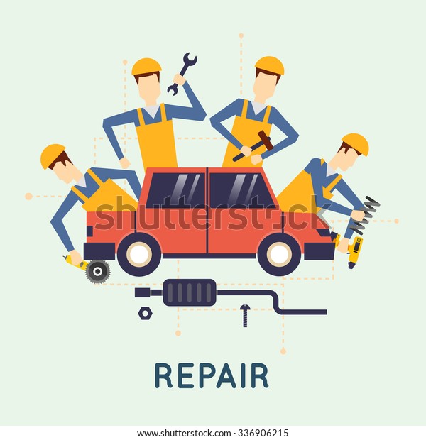 Car repair. Car service. Auto mechanic repair of\
machines and equipment. Car diagnostics. Vector illustration and\
flat design.