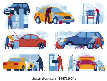 Car repair service for auto set of vector illustrations. Mechanics in auto garage tuning, car diagnostics. Wrench vehicles repairing and maintenance. Transport cleaning and repairment.