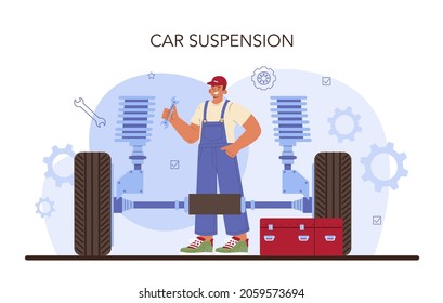 Car repair service. Automobile components got fixed in car workshop. Mechanic in uniform check a vehicles suspension system and repair it. Flat vector illustration.