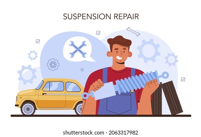 Car repair service. Automobile components got fixed in car workshop. Mechanic in uniform check a vehicles suspension system and repair it. Flat vector illustration.