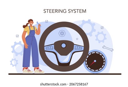Car repair service. Automobile components got fixed in car workshop. Mechanic in uniform check a vehicles steering system and repair it. Flat vector illustration.
