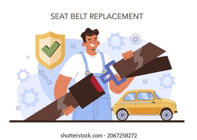 Car repair service. Automobile components got fixed in car workshop. Mechanic in uniform check a vehicles seat belt and replaice it. Flat vector illustration.