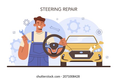 Car repair service. Automobile components got fixed in car workshop. Mechanic in uniform check a vehicles steering system and repair it. Flat vector illustration.