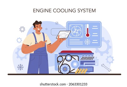 Car repair service. Automobile cooling system got fixed in car workshop. Mechanic in uniform check an automotive cooling equipment. Flat vector illustration.