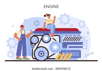 Reparatur von Kraftfahrzeugen. Automobil-Motor wurde in der Automobil-Werkstatt repariert. Automobil-Werkstattmechaniker in einheitlicher Kontrolle ein Fahrzeug Motor und Reparatur es. Flache Vektorgrafik.