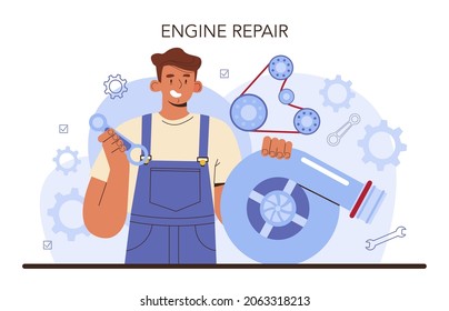 Car repair service. Automobile engine got fixed in car workshop. Car workshop mechanic in uniform check a vehicles motor and repair it. Flat vector illustration.