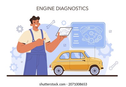 Car repair service. Automobile engine got fixed in car workshop. Car workshop mechanic in uniform check a vehicles motor and repair it. Flat vector illustration.