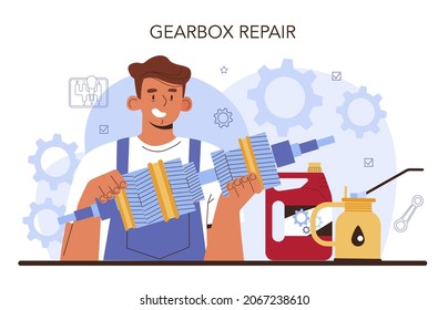 Car repair service. Automobile gearbox got fixed in car workshop. Mechanic in uniform check a vehicles automatic or manual gearbox and repair it. Flat vector illustration.