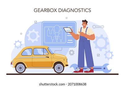 Car repair service. Automobile gearbox got fixed in car workshop. Mechanic in uniform check a vehicles automatic or manual gearbox and repair it. Flat vector illustration.