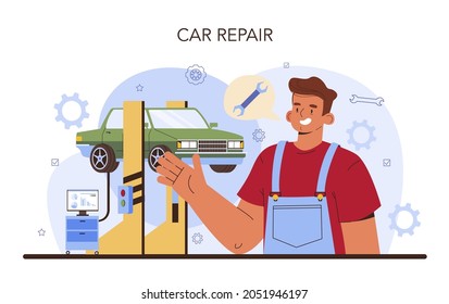 Car repair service. Automobile got fixed in car workshop. Mechanic in uniform check a vehicle and repair it. Car full diagnostics. Flat vector illustration.