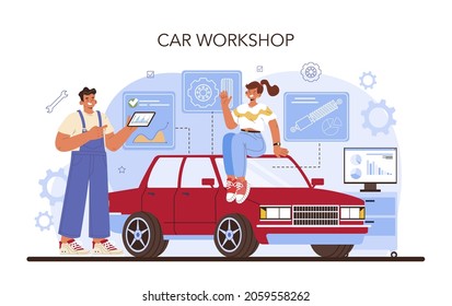 Car repair service. Automobile got fixed in car workshop. Mechanic in uniform check a vehicle and repair it. Car full diagnostics. Flat vector illustration.