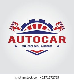 Autoreparaturservice Auto-Logo. Symbol für die Kombination von Getriebe und Pistolen. Vektorgrafik.