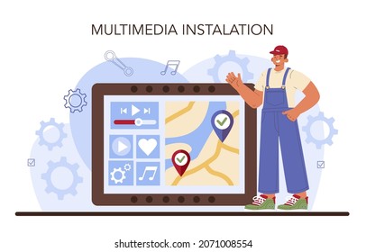 Car repair service. Automobile multimedia systems got fixed in car workshop. Mechanic in uniform check a vehicle multimedia equipment repair it. Flat vector illustration.