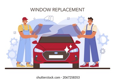 Servicio de reparación de coches. Instalación de ventanillas de automóvil en taller de coches. Mecánico de uniforme tiñe las ventanas. Ilustración vectorial plana.