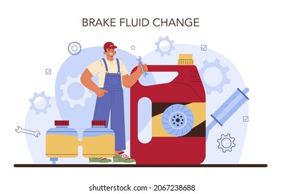 Car repair service. Automobile's brake fluid got changed in car workshop. Mechanic in uniform check a vehicle's braking system and repair it. Car full diagnostics. Flat vector illustration.