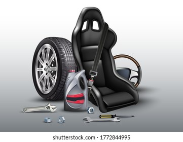 Car repair service background. Realistic vector illustration with car seat, wheels, oil plastic bottle.