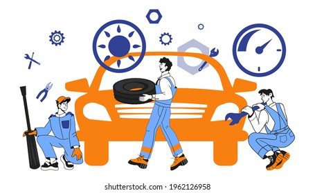 Car repair service banner with auto mechanics characters, cartoon vector illustration isolated on white. Tire or car service. Automobile maintenance and technical workshop.