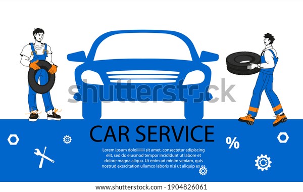 Car repair\
service banner design for web and print materials. Cartoon\
minimalist style banner or leaflet for car maintenance service and\
tire workshop, hand drawn vector\
illustration.