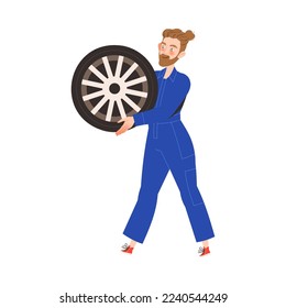 Car Repair Service with Bearded Man Mechanic Carrying Auto Tyre Vector Illustration