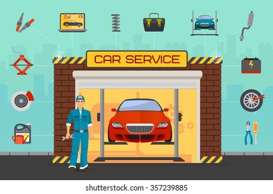 Car repair service center concept with tuning diagnostics flat elements and worker man.