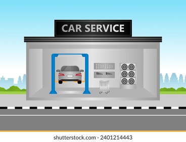 Car Repair and Service Center. Car Maintenance. Vector Illustration. 