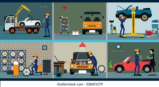 Car Repair Service Center With The Various Departments.
