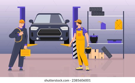 Car repair service concept. Men in uniform near black car. Repairmen and workers with toolbox near automobile. Tunning and modernization of auto, vehicle. Cartoon flat vector illustration