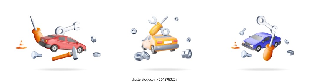 Car repair service concept set in 3D. Auto maintenance for fix. Car fixing and breakdown assistance. Modern car mechanic shop.