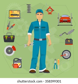 Car repair service concept with tuning diagnostics flat elements and worker man.