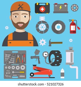 Car repair service concept with tuning diagnostics flat elements and worker man. 