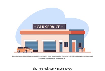 car repair service concept yellow vehicle near station building copy space horizontal vector illustration