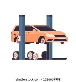 car repair service concept yellow vehicle raised on lift at maintenance station isolated vector illustration