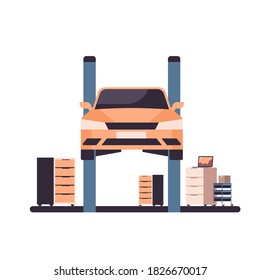 car repair service concept yellow vehicle raised on lift at maintenance station isolated vector illustration