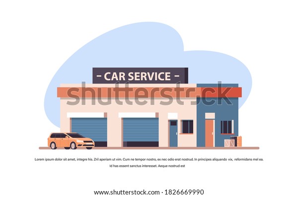 car repair service\
concept yellow vehicle near station building copy space horizontal\
vector illustration
