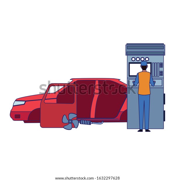 car repair service\
design of car body and mechanic at scanner over white background,\
vector illustration