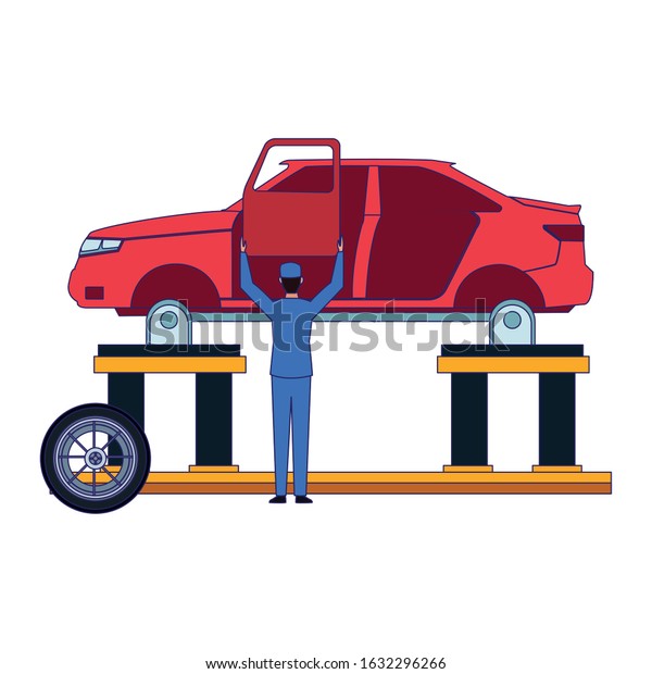 car repair service design with mechanic\
working at car body on lift holding up a door over white\
background, colorful design, vector\
illustration