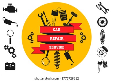 Car repair service, diagnostics, maintenance, tire fitting - inscription on a ribbon. Around are spares, machine parts and tools icons, sign. Vector isolated in retro style for service, store