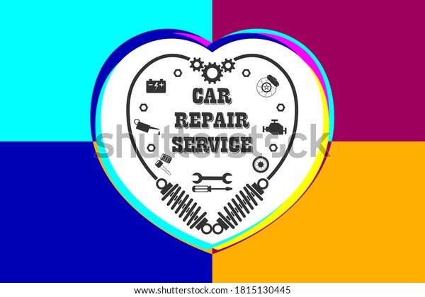 Car repair service, diagnostics and tire\
fitting- stylish retro logo in the form of a mechanical heart with\
inscription, set of icons tools, instruments for repair car. Vector\
on colorful background