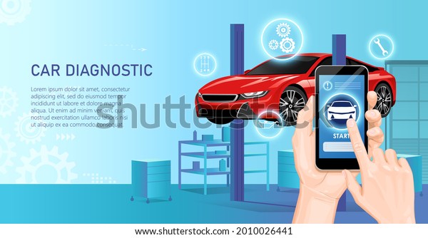 Car\
repair service. Electronic car diagnostic. Workshop for repair and\
diagnostics of the automobile. Vector\
illustration