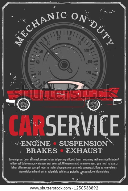 Car repair service of engine, suspension\
brakes, gearbox and exhaust. Brake pad replacement retro style\
poster. Garage or workshop with mechanic on duty, maintenance and\
diagnostics of auto\
transport
