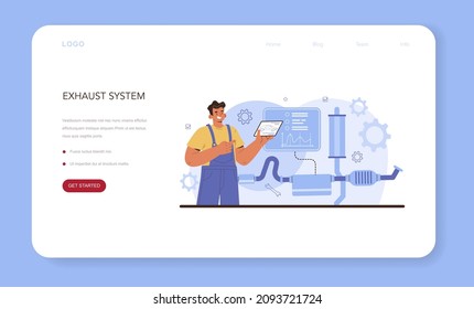 Car repair service. Exhaust system, automobile service diagnostic equipment. Car workshop mechanic in uniform using a special tools for car checking. Flat vector illustration.