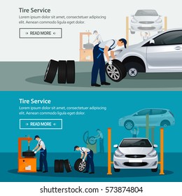 Car repair service, flat horizontal banner, different workers in the process of repairing the car, tire service, diagnostics, replacement spare parts. Vector illustration