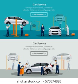 Car Repair Service, Flat Horizontal Banner, Different Workers In The Process Of Repairing The Car, Tire Service, Diagnostics, Vehicle Painting, Window Replacement Spare Parts. Vector Illustrationn