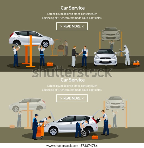 Car repair service, flat horizontal banner,\
different workers in the process of repairing the car, tire\
service, diagnostics, vehicle painting, window replacement spare\
parts. Vector\
illustrationn