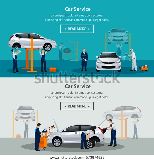 Car repair service, flat horizontal banner,
different workers in the process of repairing the car, tire
service, diagnostics, vehicle painting, window replacement spare
parts. Vector
illustrationn